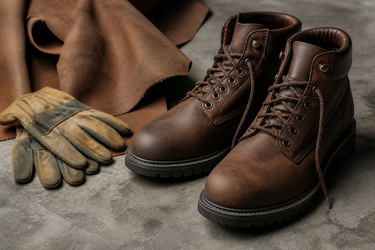 Brandless close view of brown work boots and leather tools